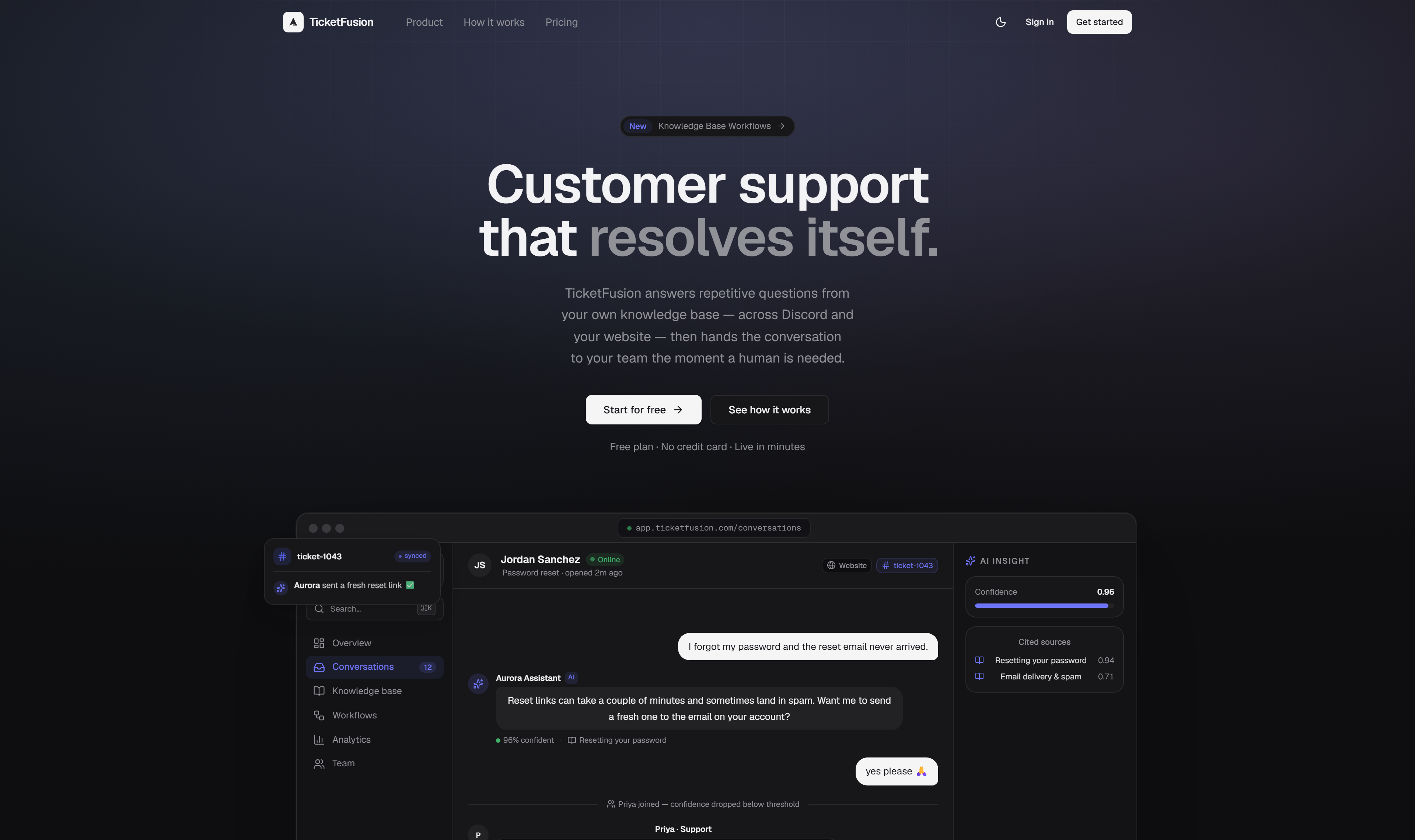 TicketFusion AI customer support platform interface